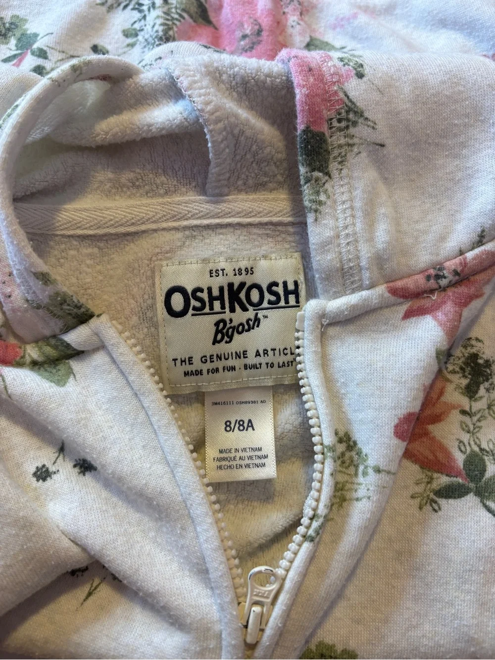 OshKosh B'gosh Cream Zip-Up Hoodie with Pink Floral Print